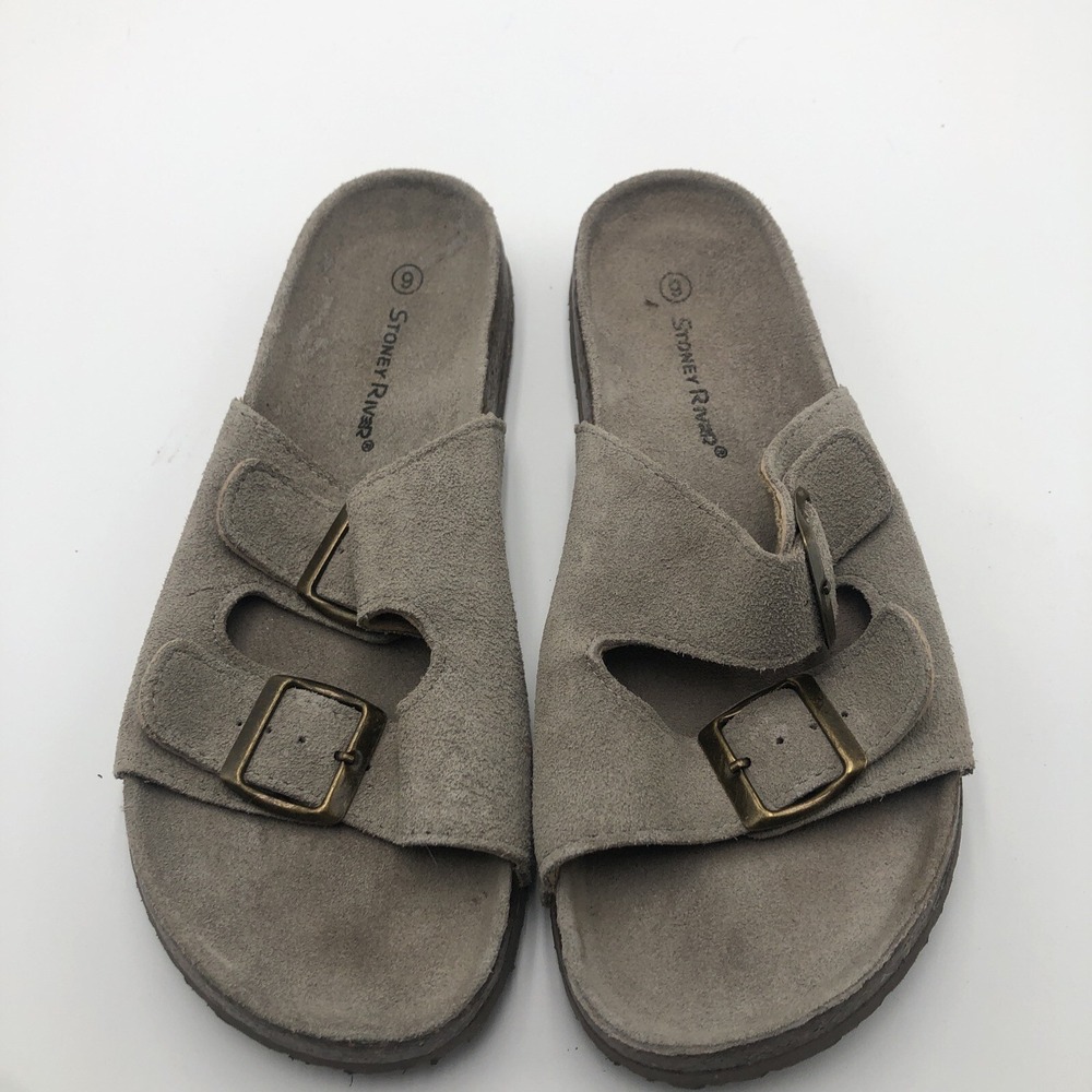 Stoney River Womens Sandals Size‎ 6 Gray Leather Double Buckle Cork Soles Preown